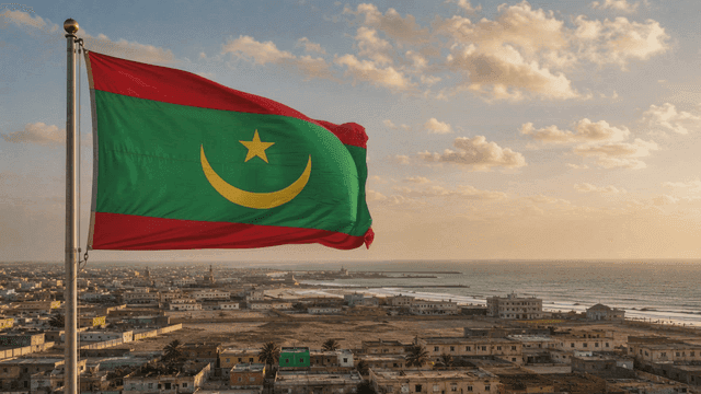 Flag of Islamic Republic of Mauritania fluttering in wind and sea scenery
