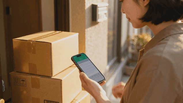 Woman checking a delivery in front of her house with a smartphone