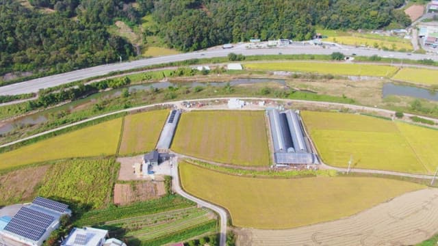 View of farmland with greenhouses