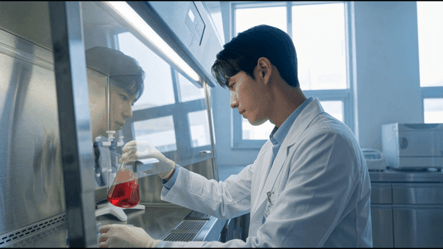 Scientist working with red liquid in lab