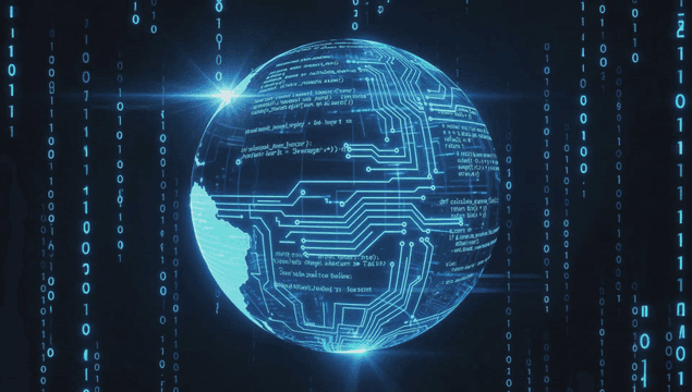 Digital globe with binary code and circuits