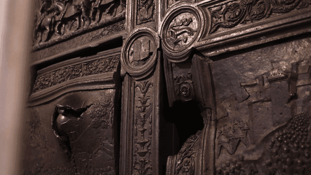 Intricate carvings on an ancient door