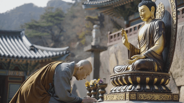 Monk bowing to Buddha statue in temple
