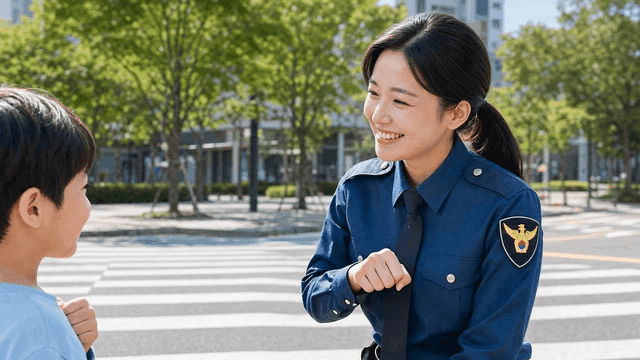 Police officer and child fist bumping