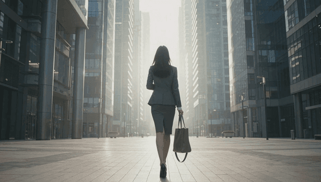 Back view of a female office worker walking through a modern cityscape