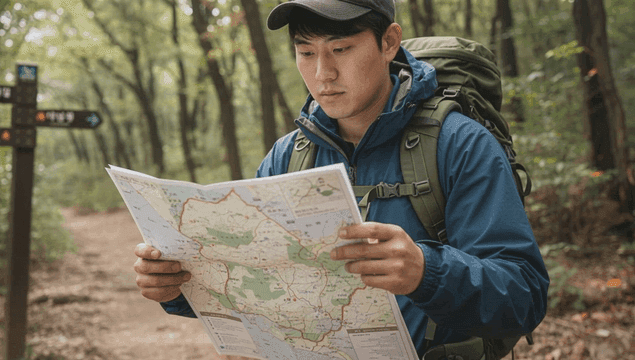 이정표가 있는 등산로에서 지도를 보는 등산객