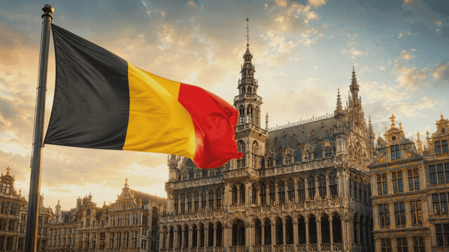 Historic building with Belgian flag flying