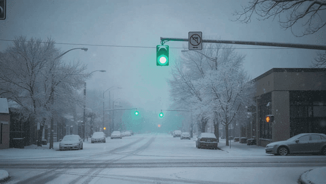 Snowy road with traffic lights