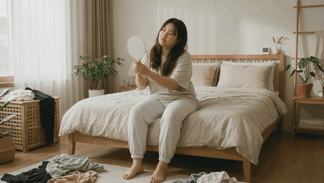 Obese woman sitting on her bed holding mirror and worrying about her weight