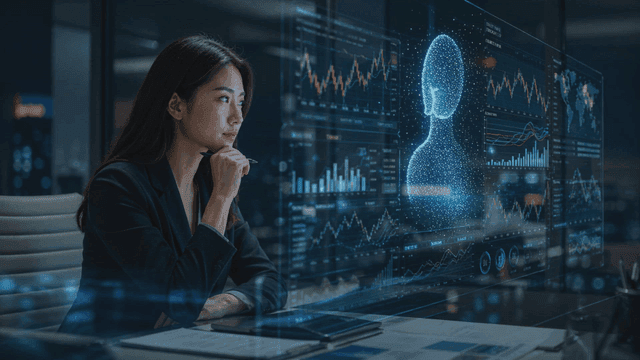 A woman analyzing data on digital screens