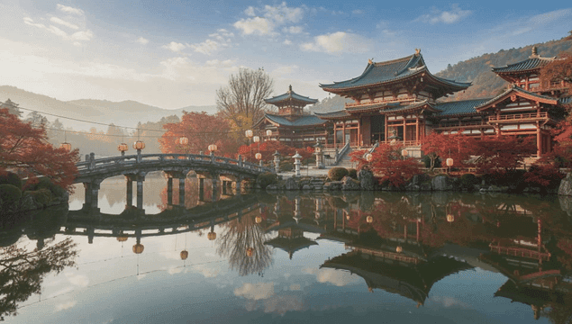 고요한 연못 옆 중국식 전통 사원