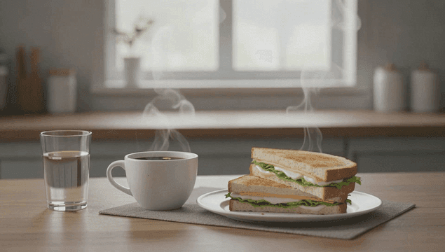 테이블 위의 뜨거운 샌드위치와 커피