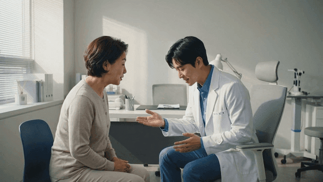 Doctor consults with elderly woman in office