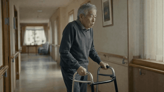 Elderly man walking with a walker in a hallway