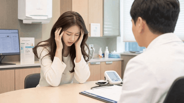 Female patient seeing doctor for headache