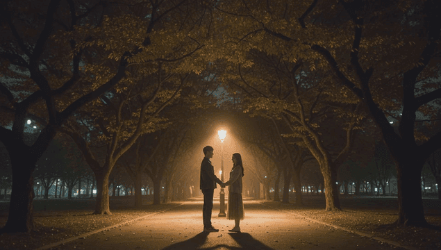 Couple holding hands under a streetlight
