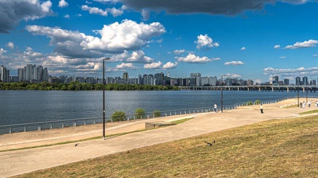 도시 스카이라인이 보이는 강변 공원