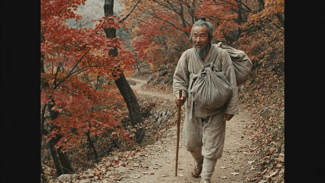 Elderly person in Hanbok walking along autumn forest path