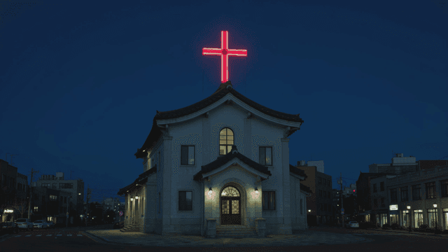 Church with red cross shining at night