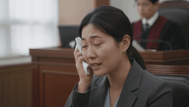 법정에서 눈물을 닦는 여성