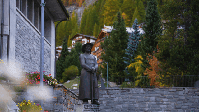 Garden with daisies and a statue