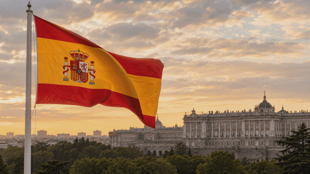 Spanish flag waving near a historic palace