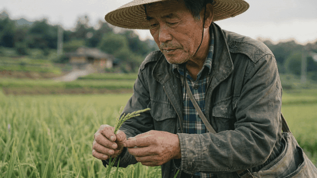 Farmer inspecting rice in paddy field