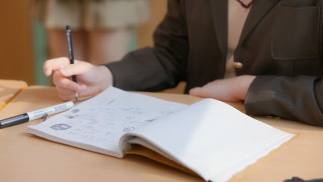 교실에서 노트를 쓰는 학생