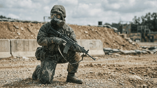 Soldier wearing gas mask