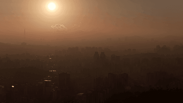 해질녘의 흐릿한 도시 스카이라인