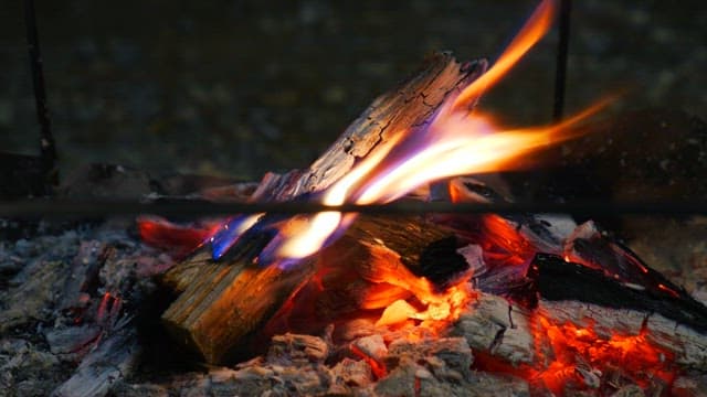 Campfire burning in a dark outdoor setting at night