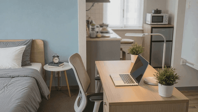 아늑한 침대와 노트북이 놓인 책상