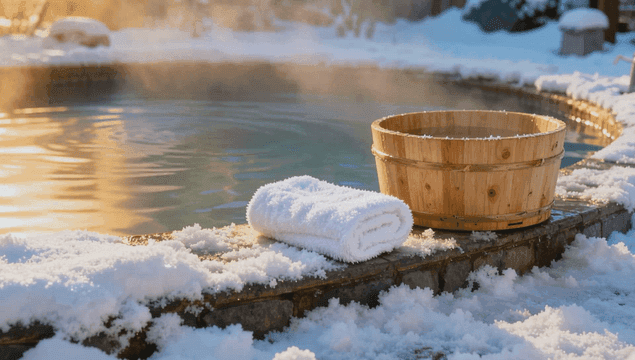 눈으로 둘러싸인 김이 나는 온천