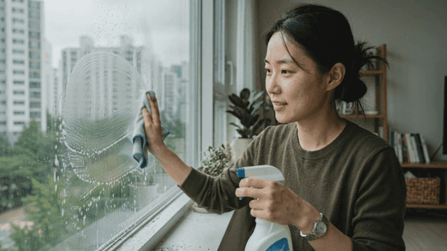 Woman cleaning windows with spray