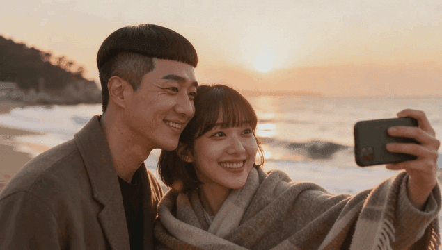 해변에서 셀카를 찍는 커플