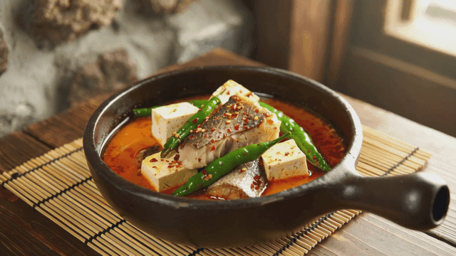 Spicy fish stew with tofu and chili peppers