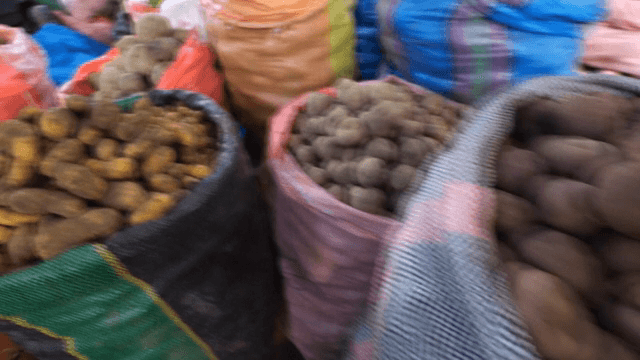 감자 자루가 있는 분주한 시장