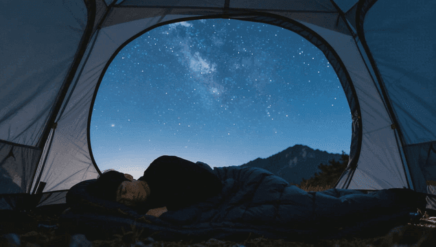 사람이 자고 있는 산속 텐트에서 보이는 밤하늘 별들