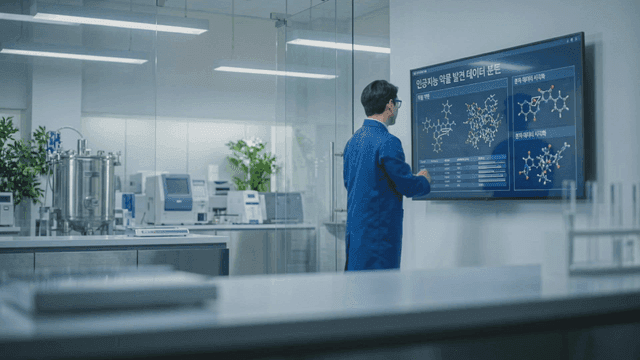 Scientists analyzing data on digital screens for AI drug discovery