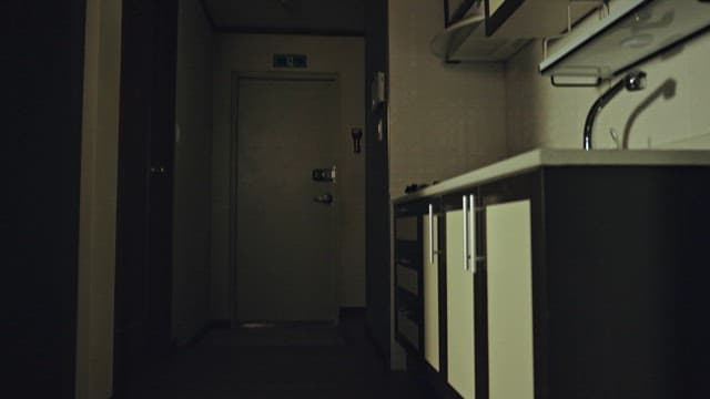 Dark Kitchen Interior with Closed Door