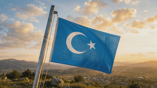 Blue East Turkestan flag fluttering in field
