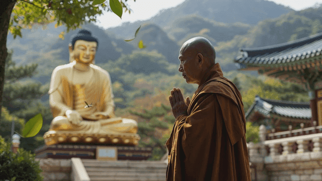 Monk praying in front of Buddha statue