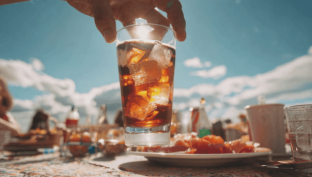 화창한 날의 시원한 얼음이 든 콜라