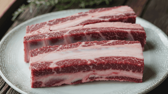 Fresh beef ribs on a white plate