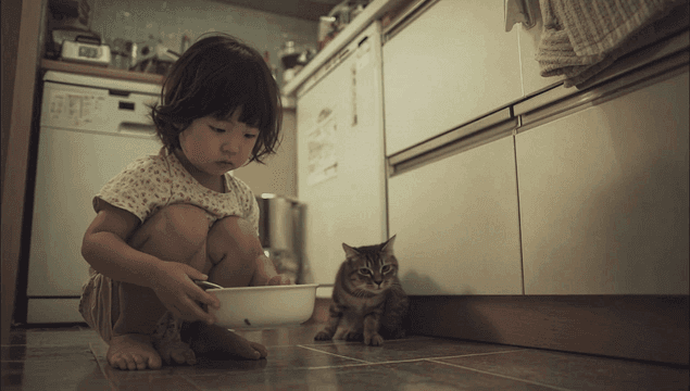 고양이에게 밥을 주는 아이