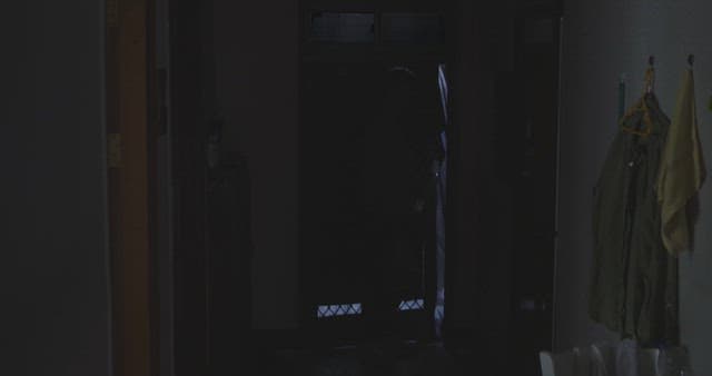 남자가 비닐봉지를 들고 어두운 집안에 들어서는 모습