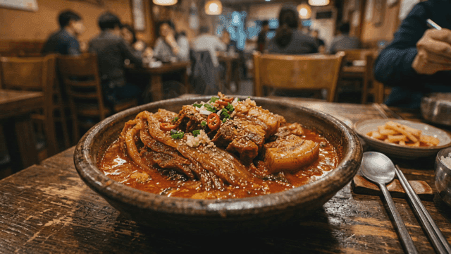 Bowl of kimchi stew in cozy restaurant