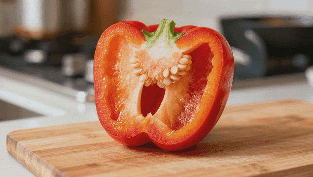 도마 위에 반으로 자른 빨간 피망