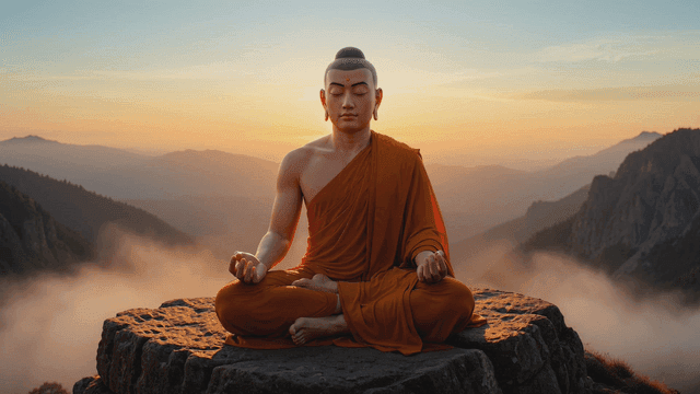 Buddha meditating on mountaintop at sunset