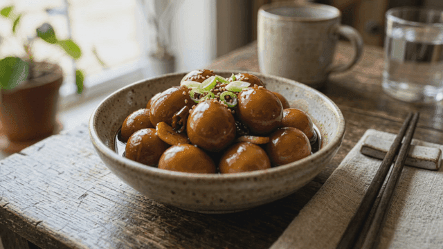 Bowl of quail eggs braised in soy sauce